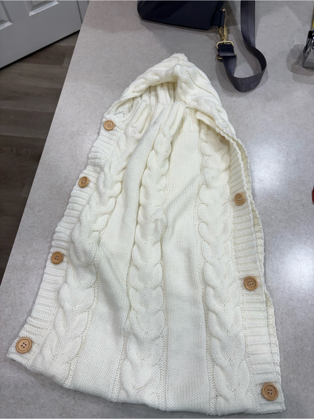 Adorable cream cable-knit baby swaddle / sleeping bag wrap!